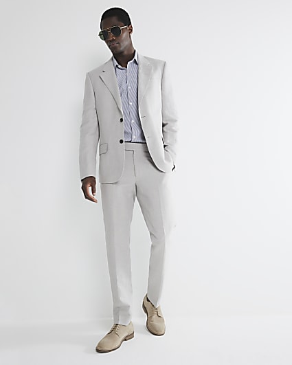 Beige slim fit linen blend suit trousers