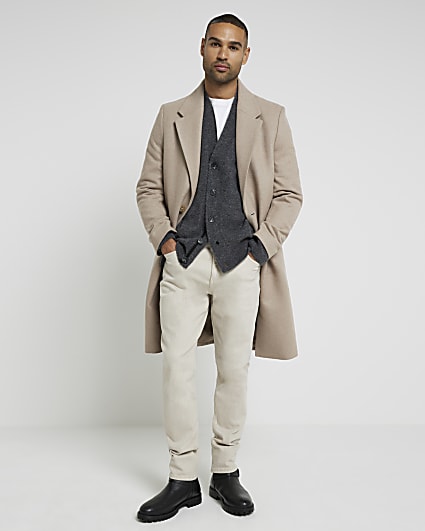 Grey regular fit wool blend longline coat | River Island Grey regular fit wool blend longline coat | River Island