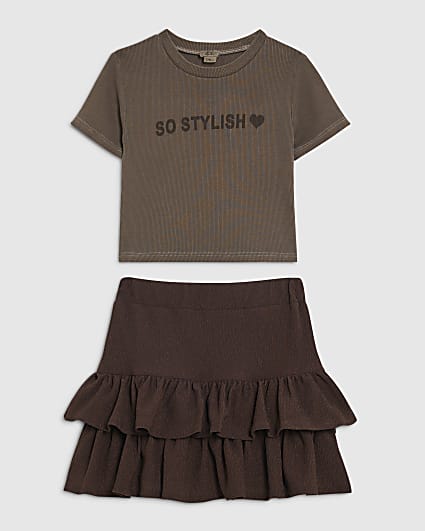 Girls Brown So Stylish T-Shirt & Skirt Set