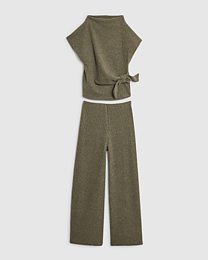 Girls Khaki Rib Twist Top and Trousers Set