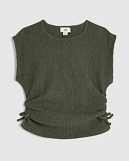 Girls Khaki Ruched Side Top
