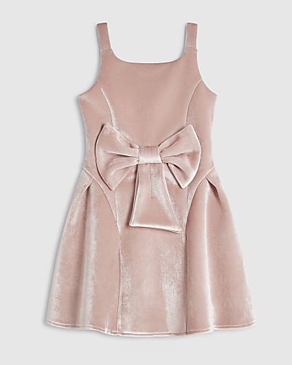 Girls Pink Premium Velvet Bow Skater Dress