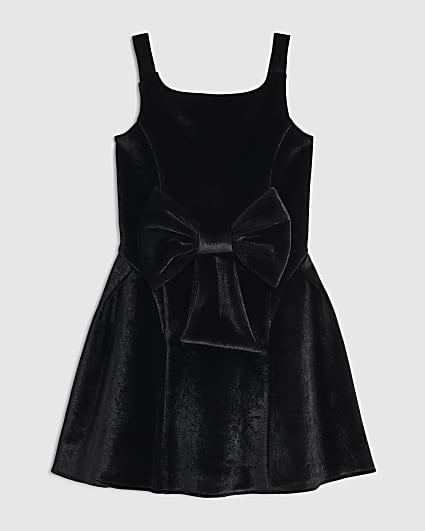 Girls Black Premium Velvet Bow Skater Dress