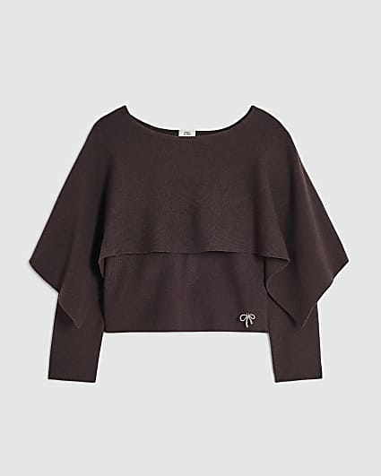 Girls Brown Long Sleeve 2-In-1 Cape Jumper