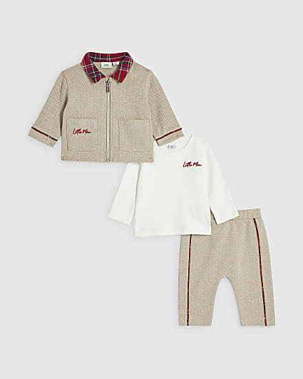Baby Boys Beige Herringbone 3 Piece Set