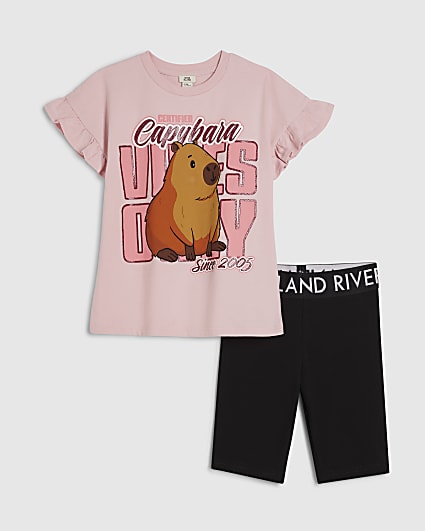 Girls Pink Capybara T-Shirt & Short Set