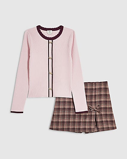 Girls Pink Check Skort Set