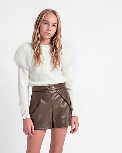 Girls Cream Faux Fur Shoulder Jumper