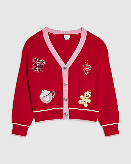 Girls Red Christmas Embroidered Cardigan