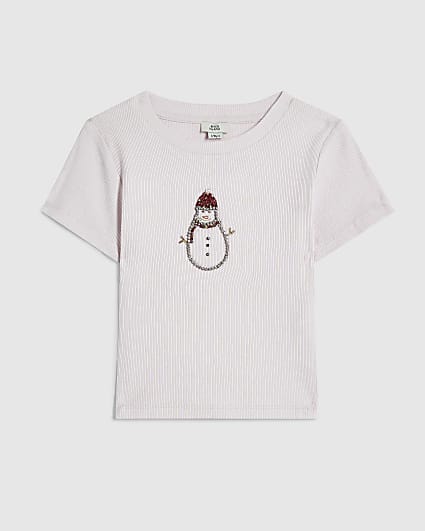 Girls Pink Diamante Snowman T-Shirt