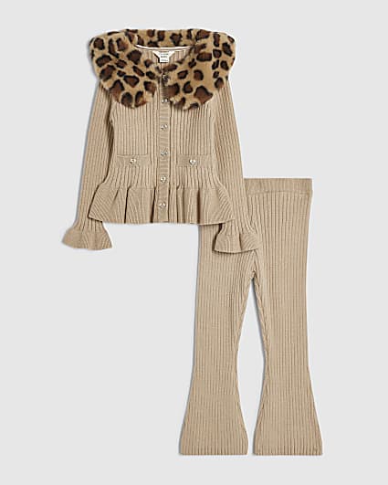 Mini Girls Beige Leopard Print Fur Collar Set