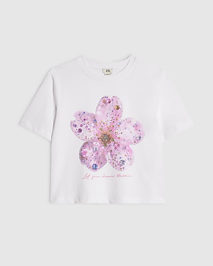Girls White Embellished Flower Crop Top