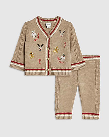 Baby Beige Christmas Knitted Cardigan Set