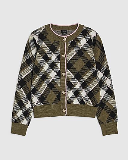 Girls Khaki Argyle Lace Cardigan