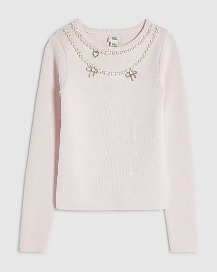 Girls Pink Knit Necklace Embellished Top