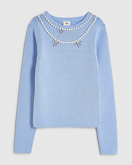 Girls Blue Knit Necklace Top