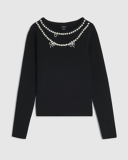 Girls Black Knit Necklace Embellished Top