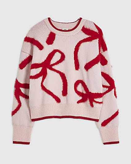 Girls Pink Fluffy Bow Jumper
