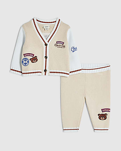 Baby Boys Beige Varsity Cardigan Set