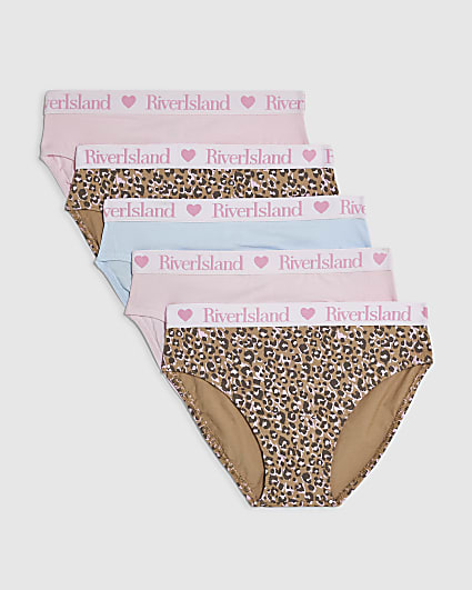 Girls Brown Leopard Print Pack Of 5 Briefs