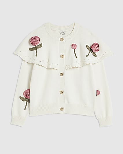 Girls Cream 3D Rose Cardigan