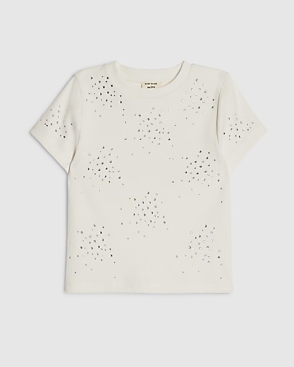 Mini Girls Cream Embellished Scatter T-Shirt