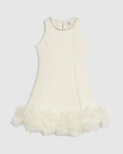 river island white beaded dress Girls Dropped Waist DECSOS30 Pearl Accent Gown in Fabric:Scuba Zip fastening