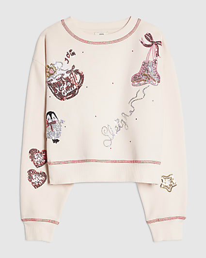 Girls Pink Christmas Embellished Sweatshirt