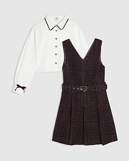 Girls Purple Boucle Pinafore Shirt Dress