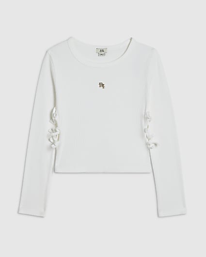 Girls White 3D Bow Long Sleeve Top