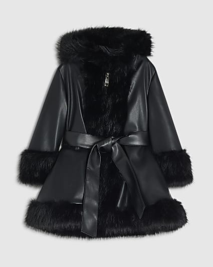 Mini Girls Black Faux Fur Wrap Hoodie Coat