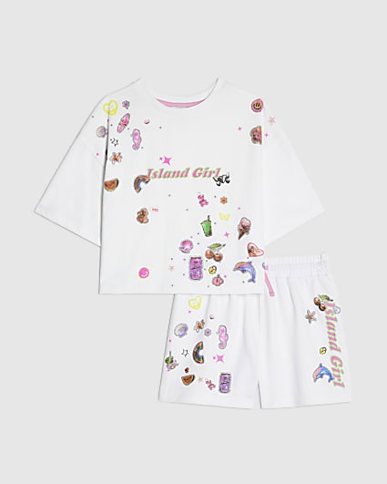 Girls White Sticker T-Shirt And Shorts Set