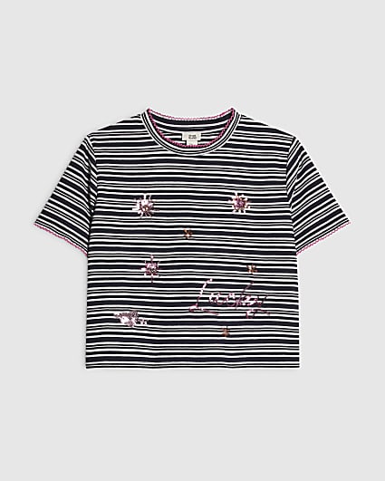 Girls Navy Stripe Embellished T-Shirt