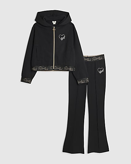 Girls Black Zip RI Heart Hoodie & Joggers Set