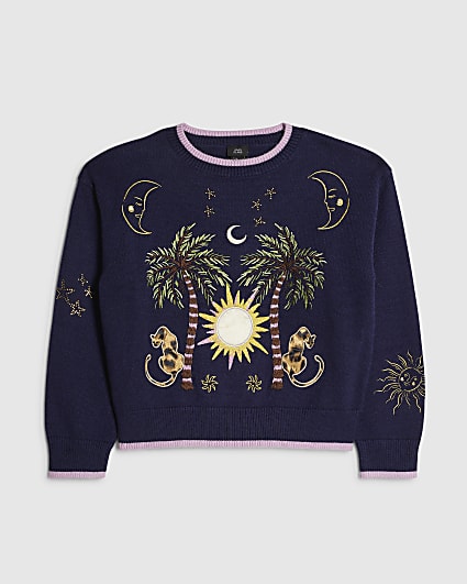 Girls Navy Palm Tree Jumper
