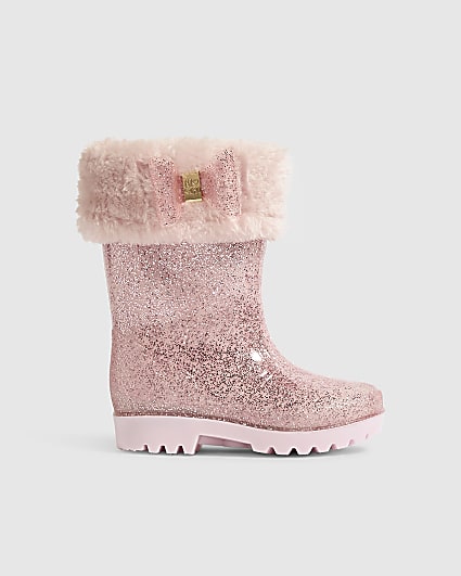 Mini Girls Pink Faux Fur Glitter Wellies