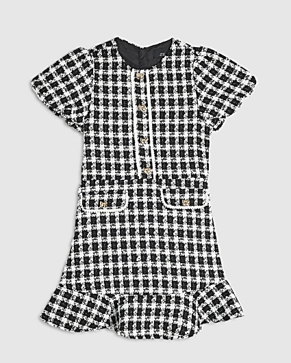 Girls Black Check Puff Sleeve Boucle Dress