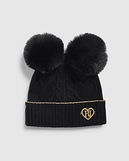 Mini Girls Black Double Pom Beanie