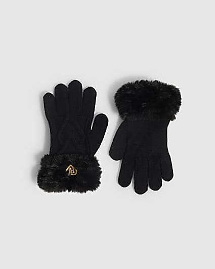 Girls Black Knitted Faux Fur Gloves