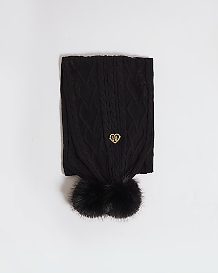 Girls Black Knit Pom Pom Scarf