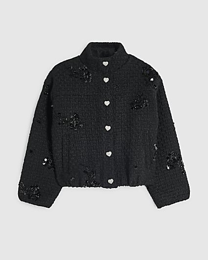 Girls Black Boucle Embellished Jacket