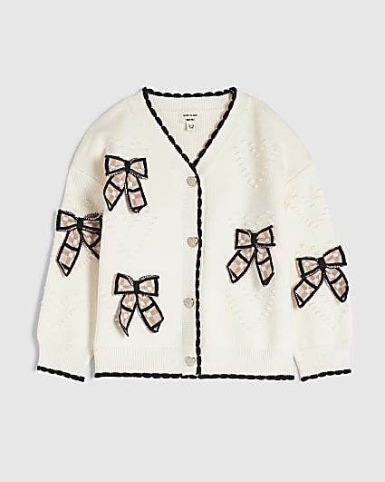 Mini Girls Cream Knit 3D Check Bow Cardigan