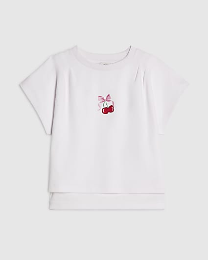 Girls White Pintuck Cherry T-Shirt
