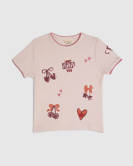 Mini Girls Pink Ribbed Sequin Icons T-Shirt