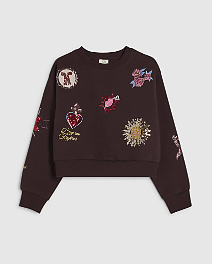 Girls Brown Quirky Embellished Sweatshirt
