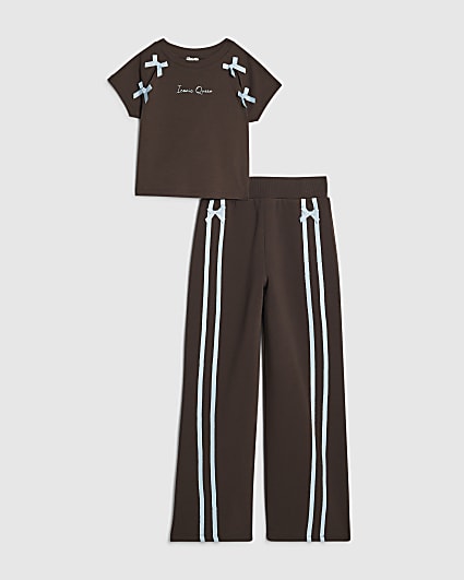 Girls Brown Bow Taped Wide Leg Joggers Set