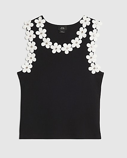 Girls Black Floral Trim Tank Top