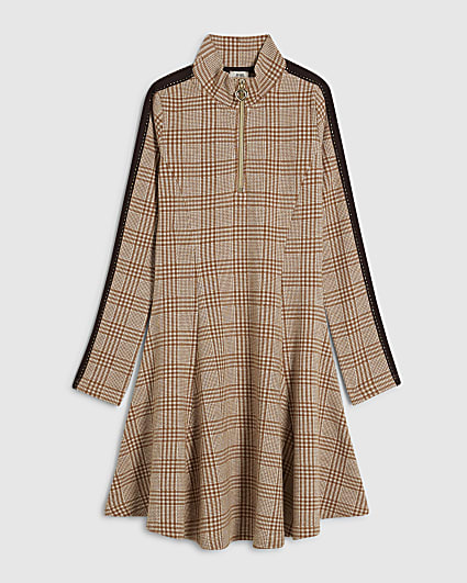 Girls Beige Check Funnel Neck Dress