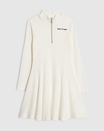 Girls White Ribbed Funnel Fit And Flare Dress