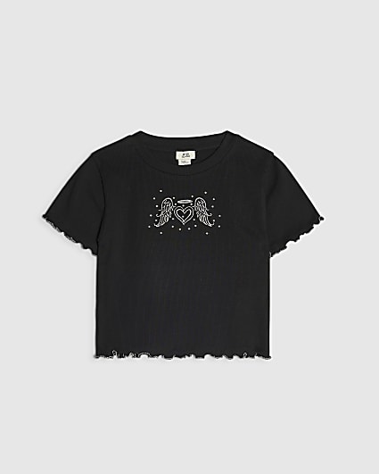 Girls Black Embellished Angel Wings T-Shirt